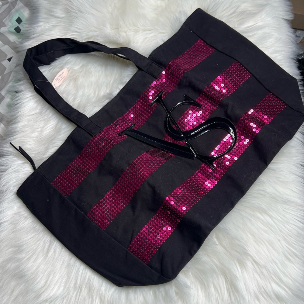 NWT Victoria's Secret Black and Pink Sequin Tote Bag
